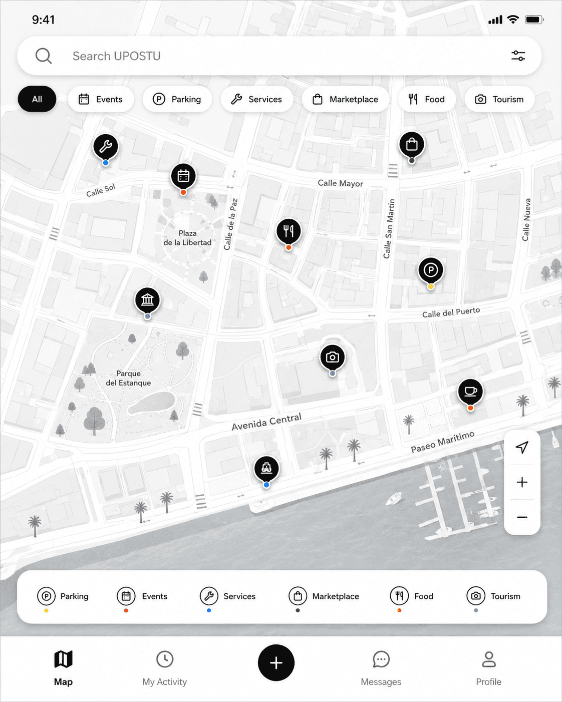 Interfaccia mappa Upostu con categorie e marker geolocalizzati